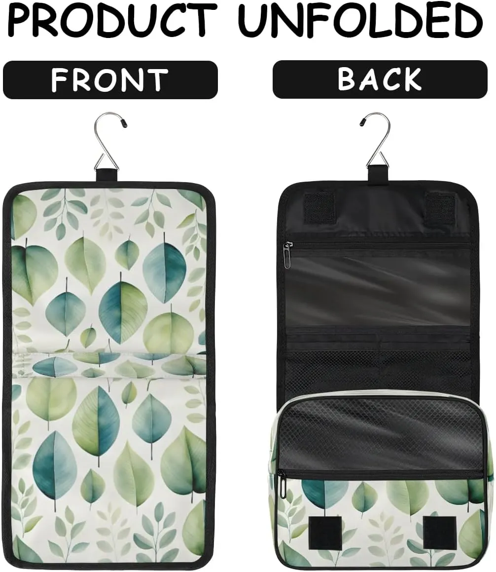 Hanging Travel Toiletry Bag Green Leaves Toiletry Bags with Hanging Hook Portable Cosmetic Bag Makeup Organizer for Travel Business Trip