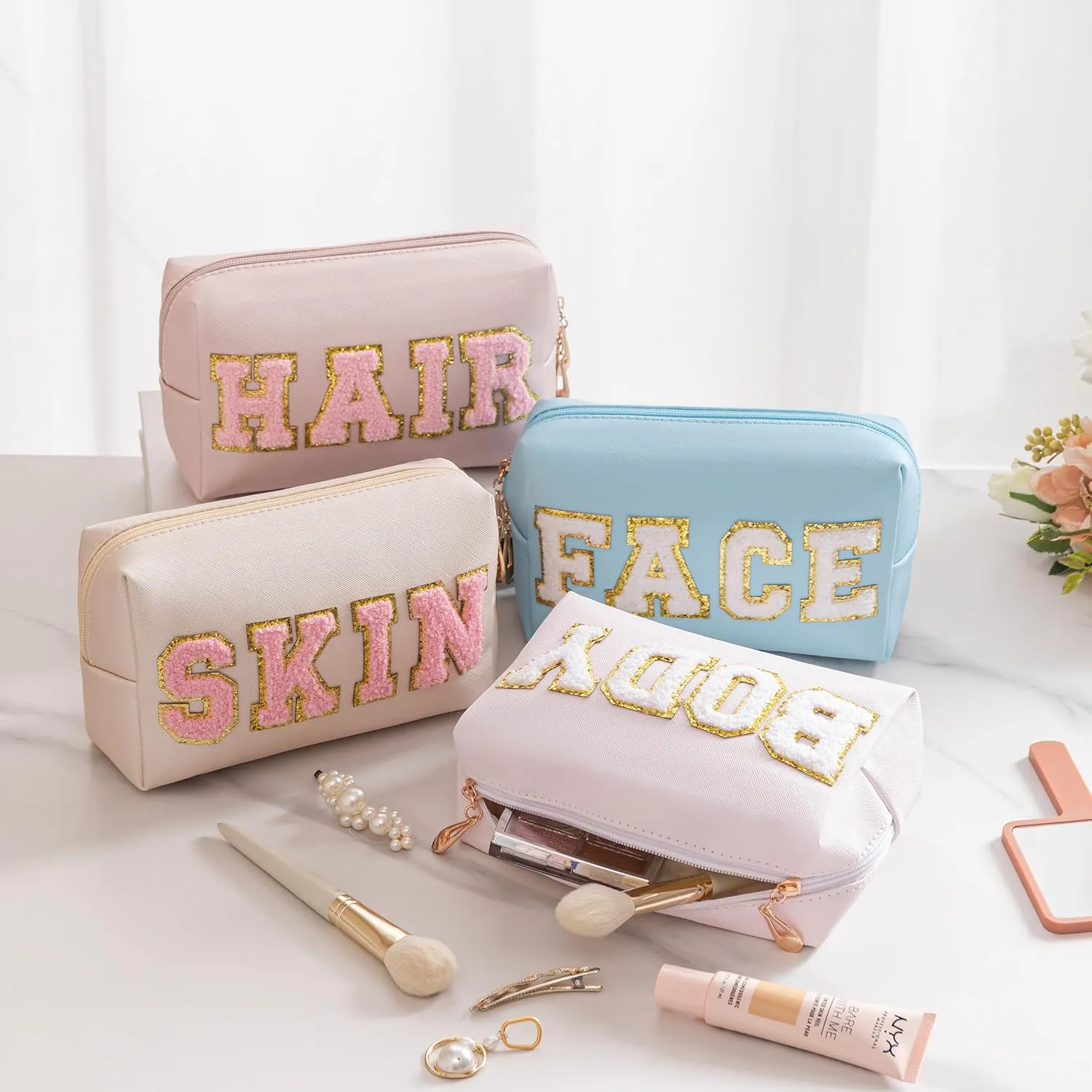HBselect Mothers Day Gifts for Women Preppy Makeup Bag 4 Pcs Travel Toiletry Bag Chenille Letter Patch Makeup Bag Portable Cosmetic Bag for Women PU Leather Waterproof Organizer Make up Bag for Girls
