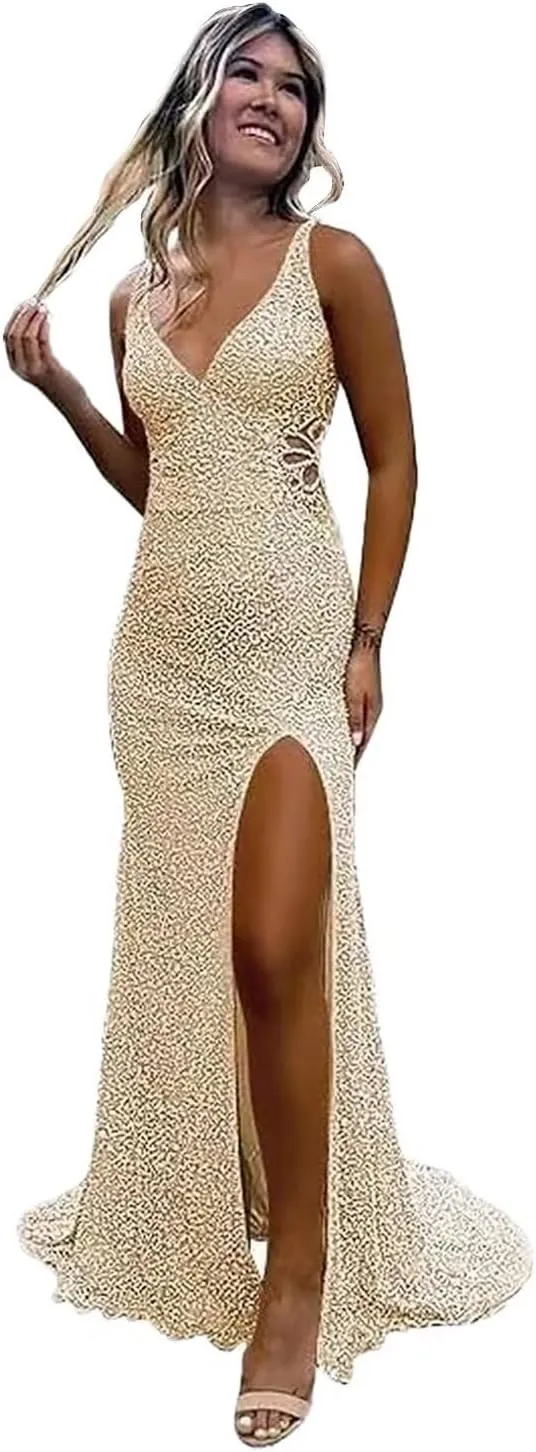 Hollow-Out Beaded Mermaid Prom Dresses for Women 2025 Sparkly Sequin Open Back Formal Evening Party Gown