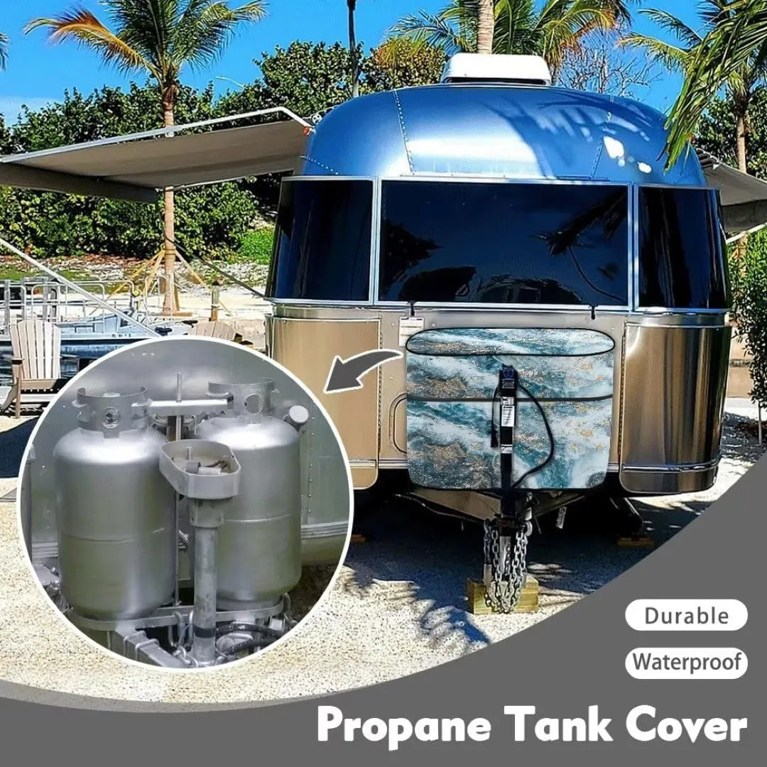 Horeset Blue Marble Print RV Propane Tank Cover for Double 30lb Tanks, Heavy Duty Cover for Travel Trailers and Campers