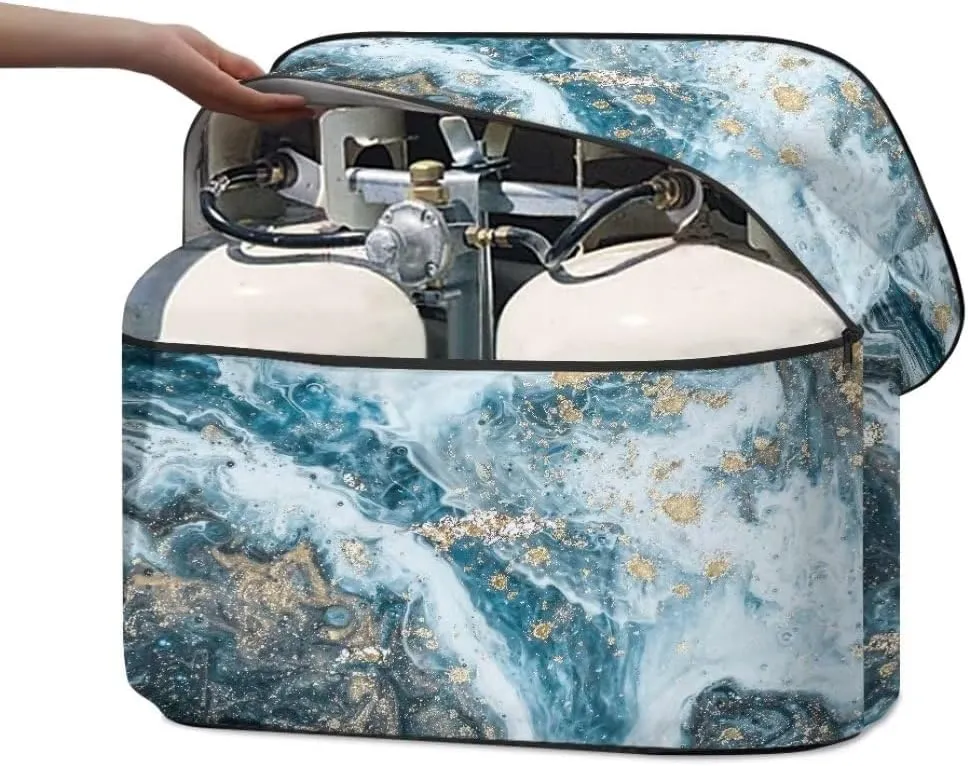 Horeset Blue Marble Print RV Propane Tank Cover for Double 30lb Tanks, Heavy Duty Cover for Travel Trailers and Campers