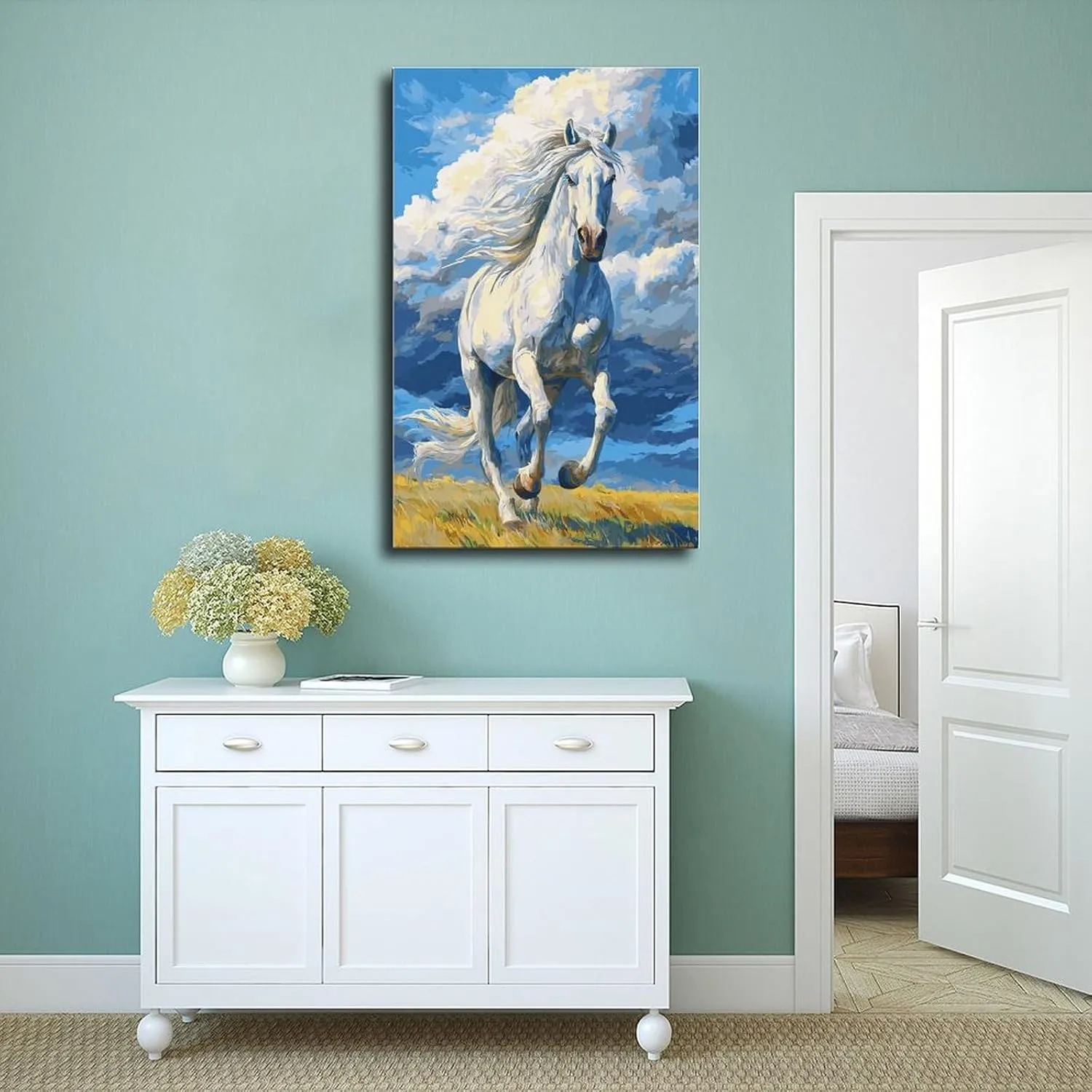 Horses Running on The Grassland Against The Background of Blue Sky Poster Prints Office Bathroom Room Decor Wall Art Aesthetic Canvas Paintings Unframe-style12x18inch(30x45cm)
