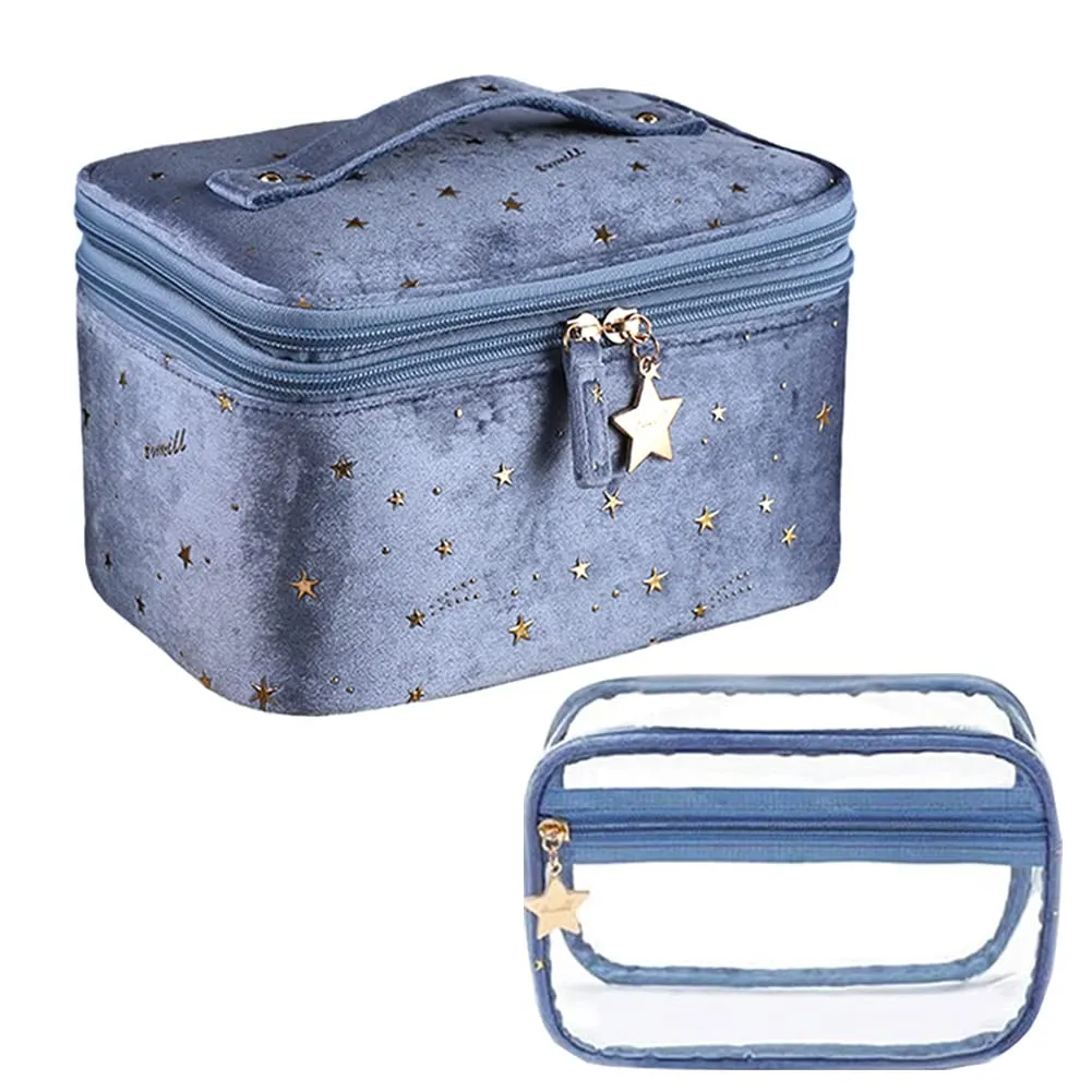 HOYOFO Double-layer Makeup Bags for Women Multifunctional Travel Cosmetic Bag Set of 2 Velvet Cosmetic Storage Case with Brush Holders (F-Blue Set)