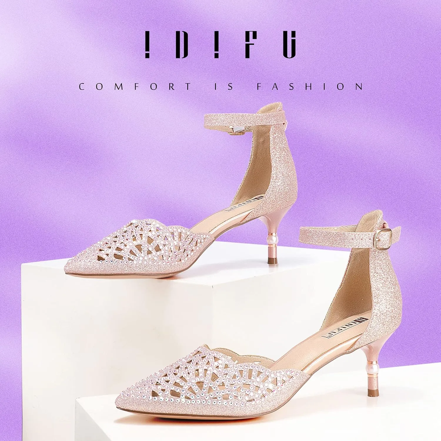 IDIFU Women's IN2 Candice Wedding Rhinestones Sequins Low Kitten Heels Pumps Dress Evening Shoes for Women Bridal Bride