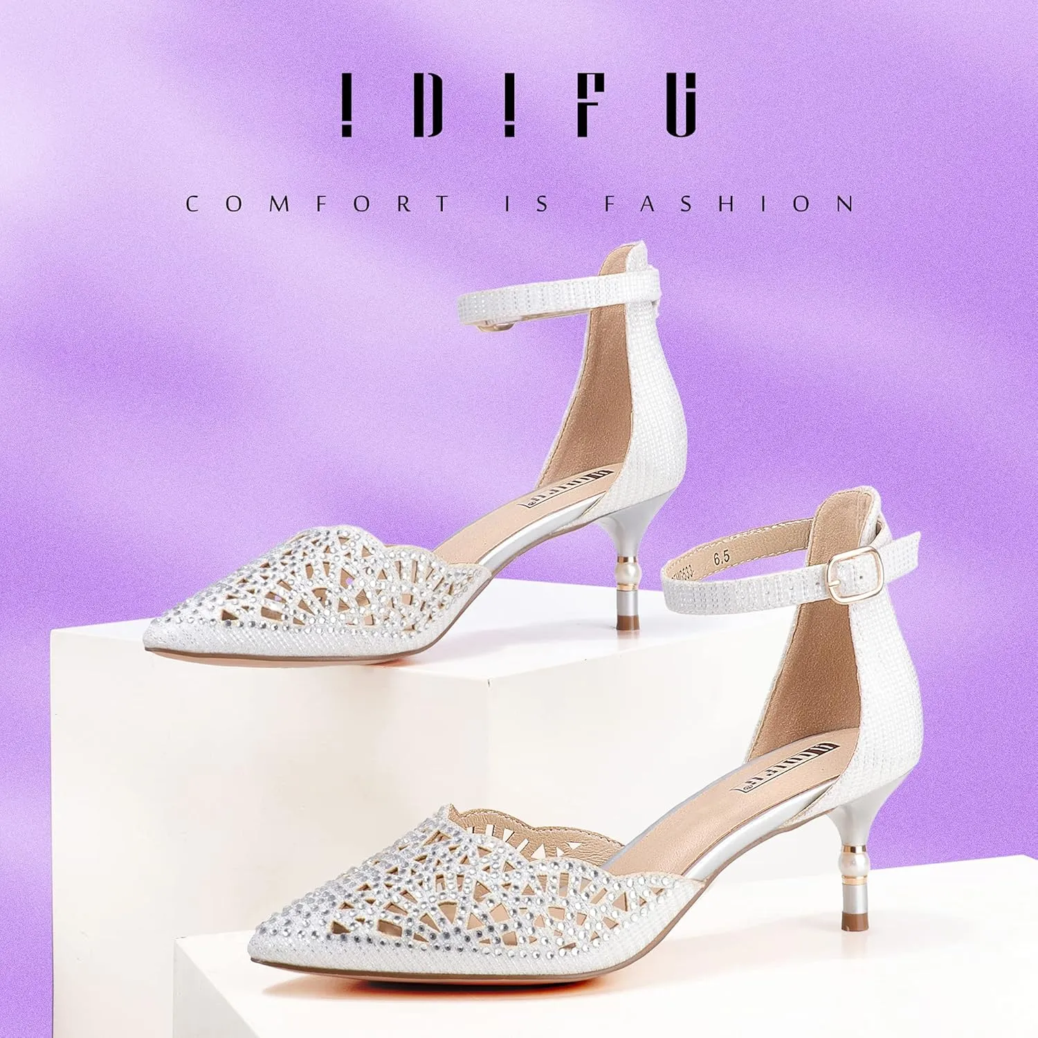 IDIFU Women's IN2 Candice Wedding Rhinestones Sequins Low Kitten Heels Pumps Dress Evening Shoes for Women Bridal Bride