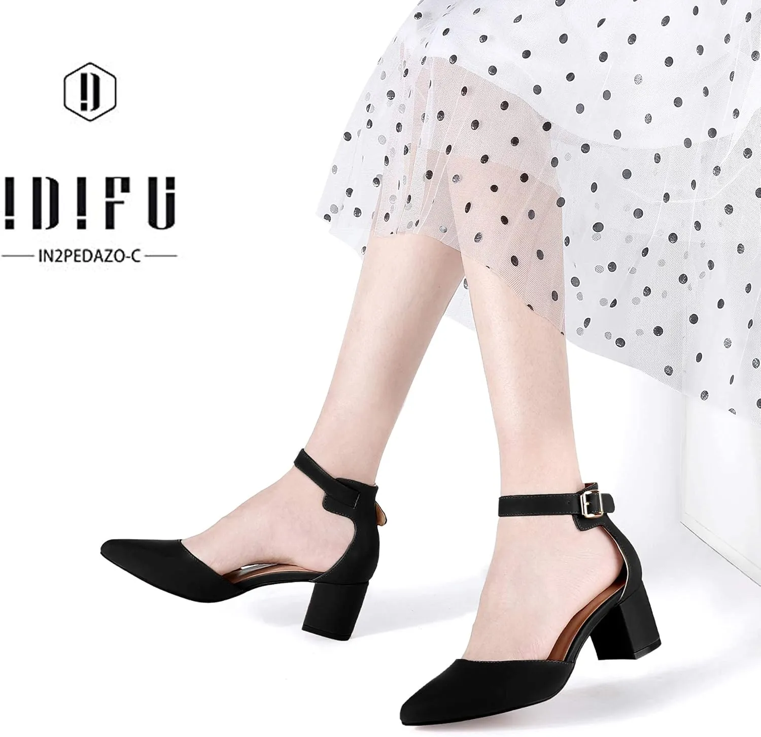 IDIFU Women's IN2 Pedazo Dress Shoes Low Block Heels Comfortable Chunky Closed Toe Ankle Strap Wedding Pumps