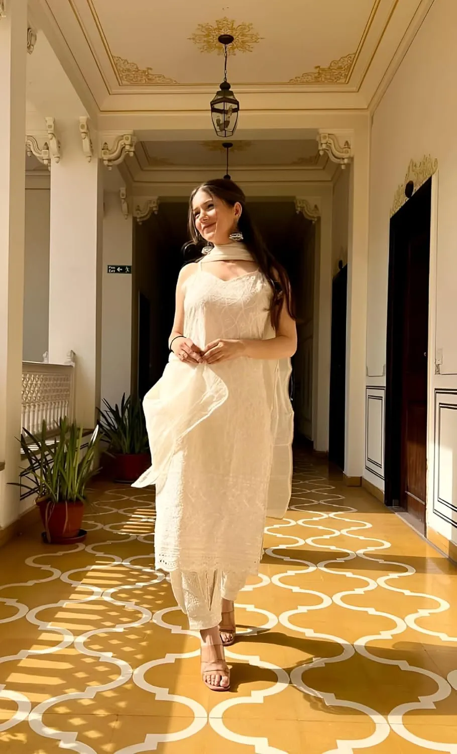 INDACORIFY Indian Chikankari Kurta Pure Cotton Dress Chikankari Festive Kurti with Pant Dupatta 3 Pcs Set