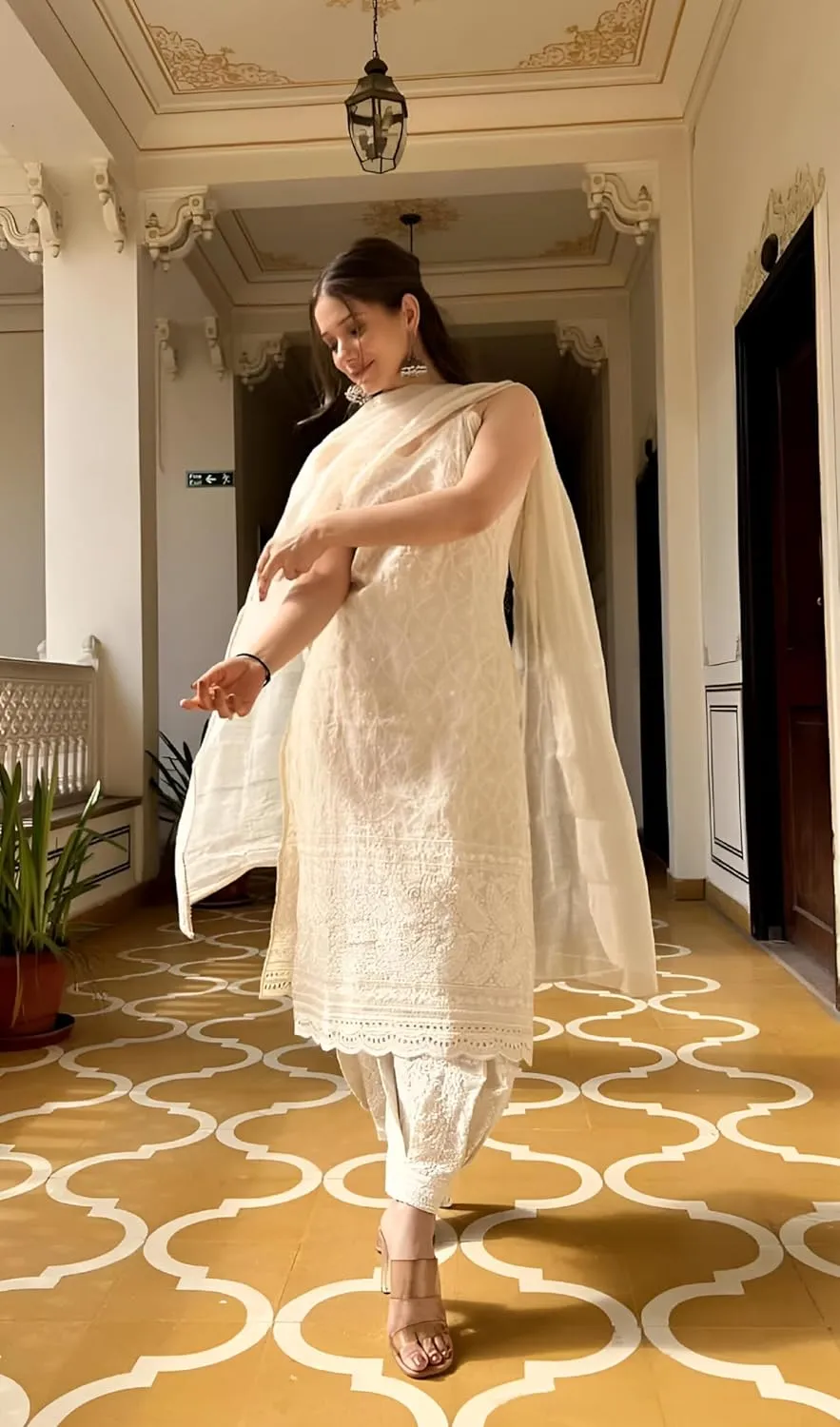 INDACORIFY Indian Chikankari Kurta Pure Cotton Dress Chikankari Festive Kurti with Pant Dupatta 3 Pcs Set