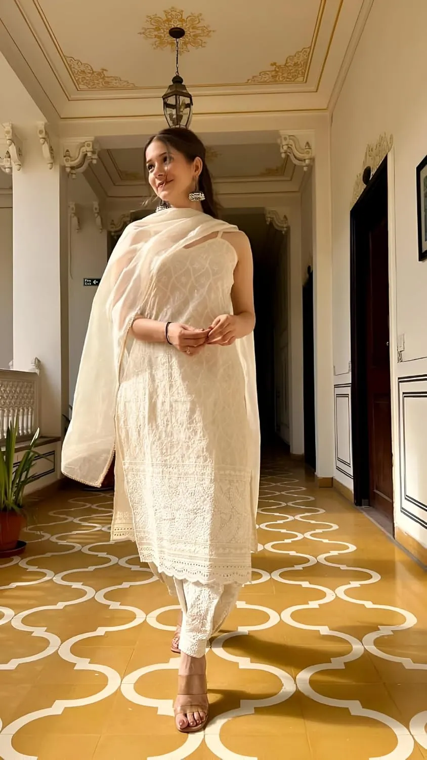 INDACORIFY Indian Chikankari Kurta Pure Cotton Dress Chikankari Festive Kurti with Pant Dupatta 3 Pcs Set