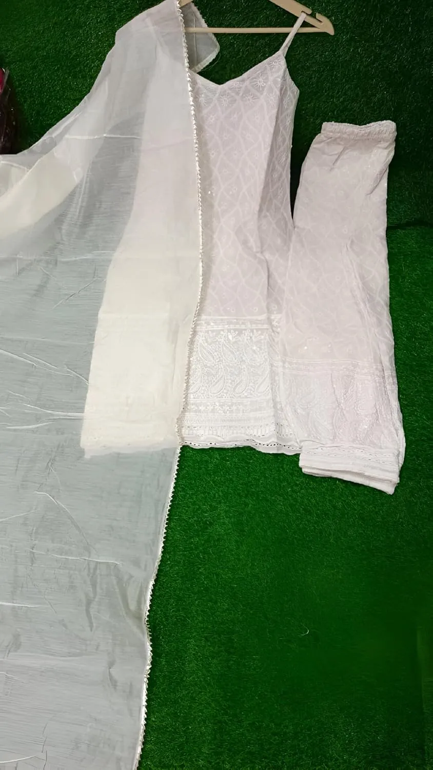 INDACORIFY Indian Chikankari Kurta Pure Cotton Dress Chikankari Festive Kurti with Pant Dupatta 3 Pcs Set