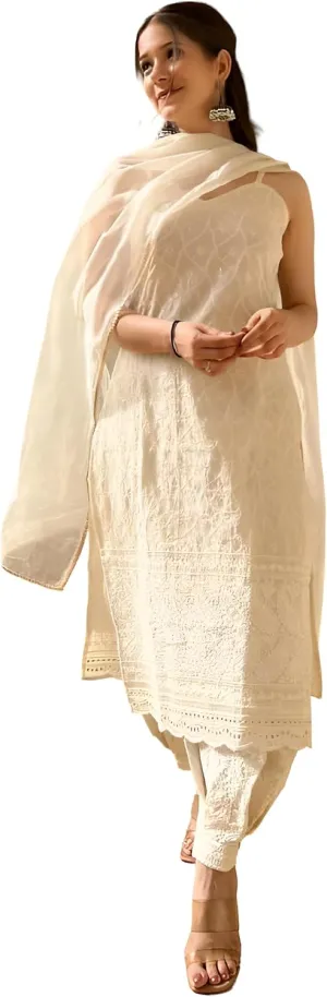 INDACORIFY Indian Chikankari Kurta Pure Cotton Dress Chikankari Festive Kurti with Pant Dupatta 3 Pcs Set