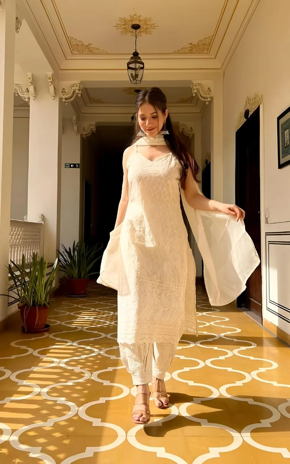 INDACORIFY Indian Chikankari Kurta Pure Cotton Dress Chikankari Festive Kurti with Pant Dupatta 3 Pcs Set