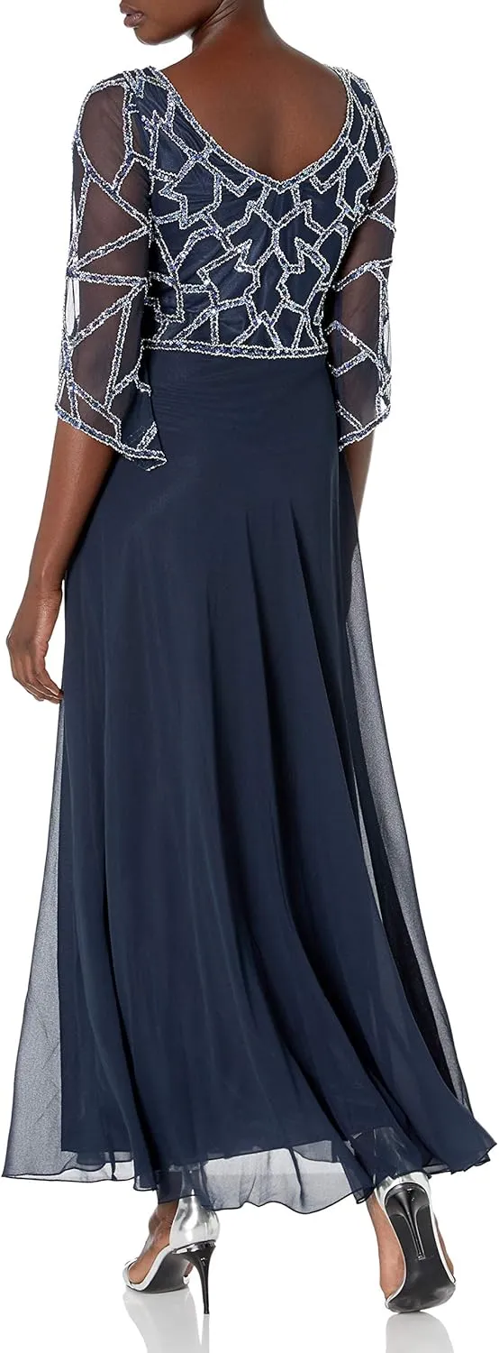 J Kara Women's 3/4 Sleeve Geo Beaded Gown