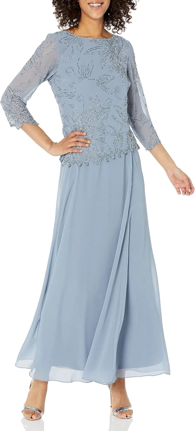 J Kara Women's 3/4 Sleeve Long Beaded Floral Design Dress