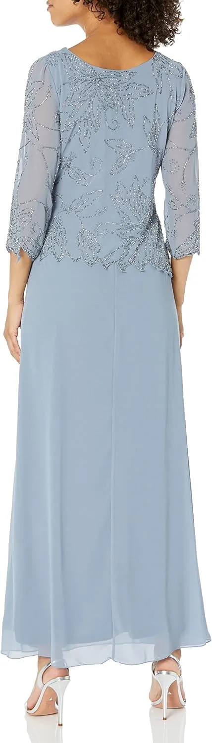 J Kara Women's 3/4 Sleeve Long Beaded Floral Design Dress