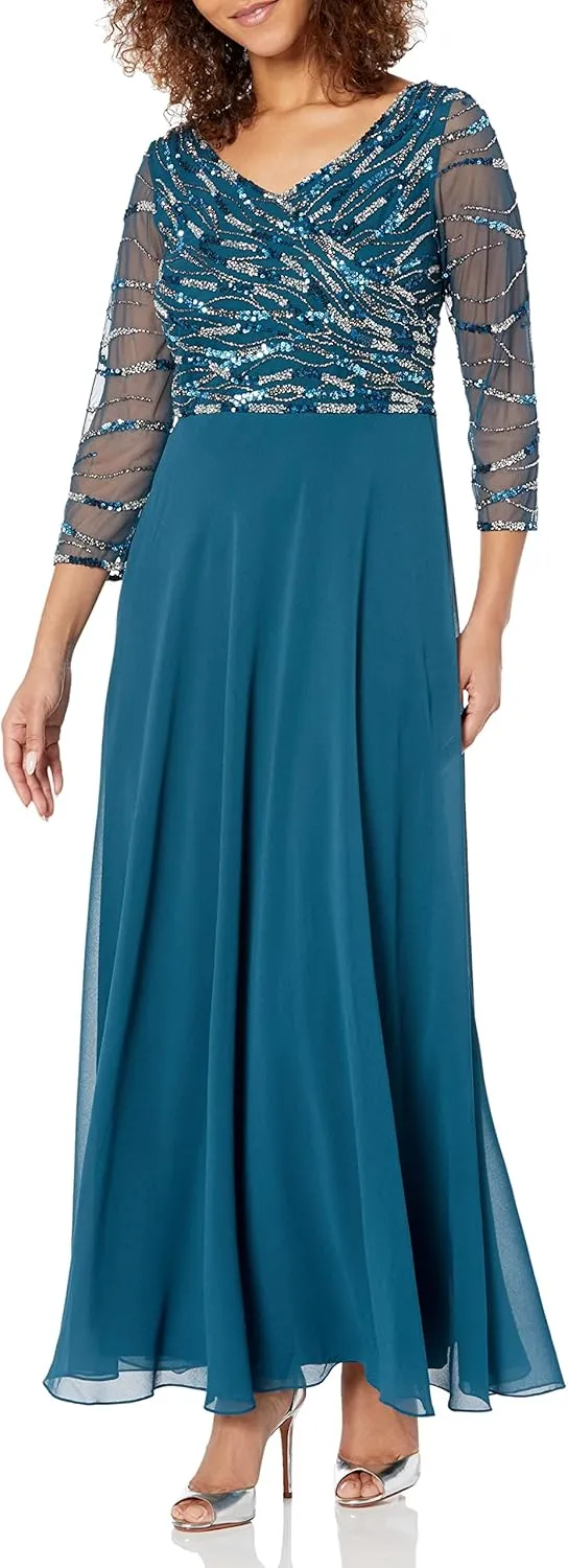 J Kara Women's 3/4 Sleeve Top Beaded Bodice Gown