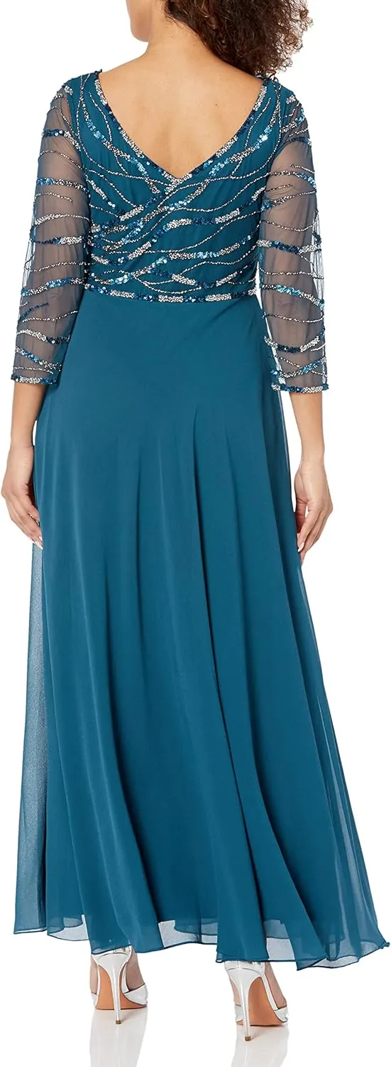 J Kara Women's 3/4 Sleeve Top Beaded Bodice Gown