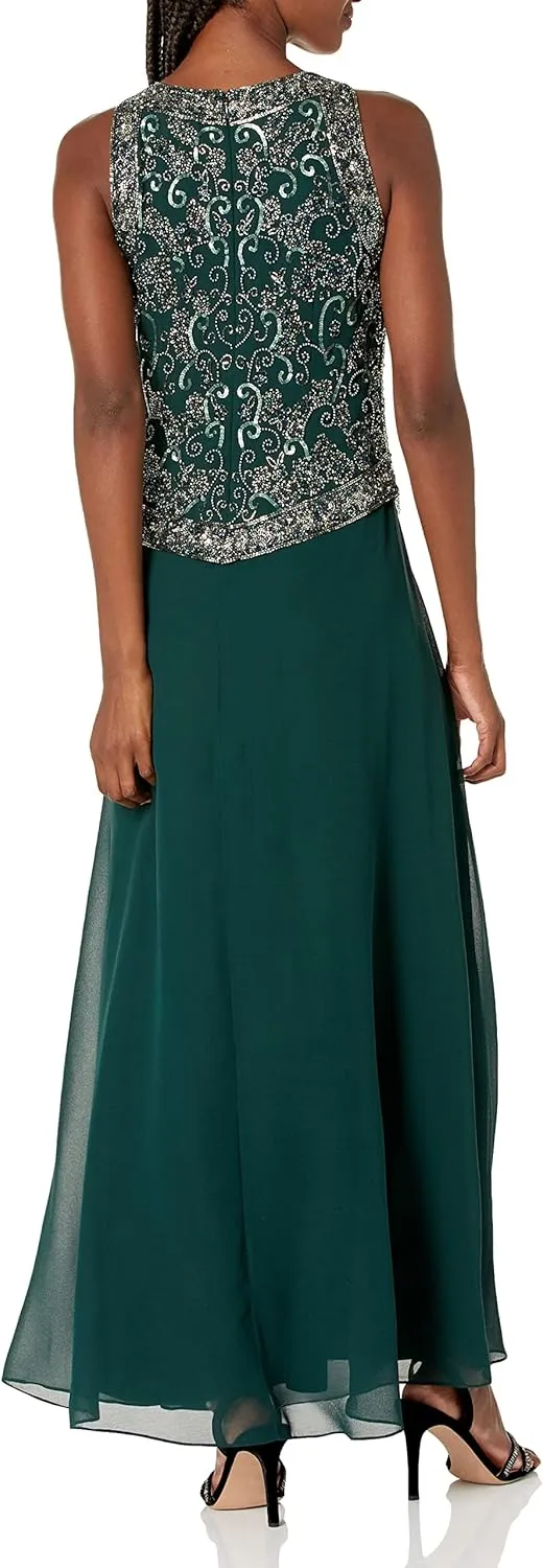 J Kara Women's Long Beaded V Trim Detail Gown with Scarf
