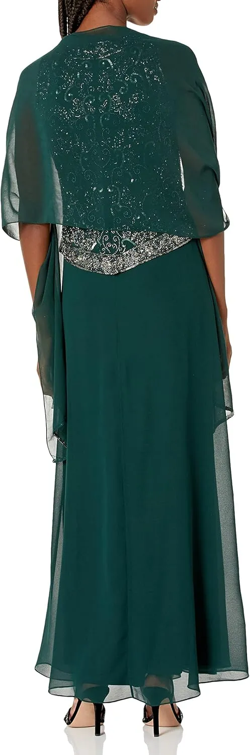 J Kara Women's Long Beaded V Trim Detail Gown with Scarf