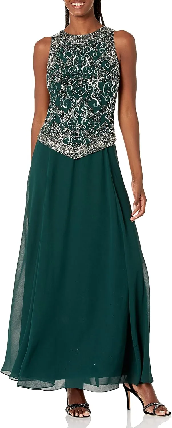 J Kara Women's Long Beaded V Trim Detail Gown with Scarf