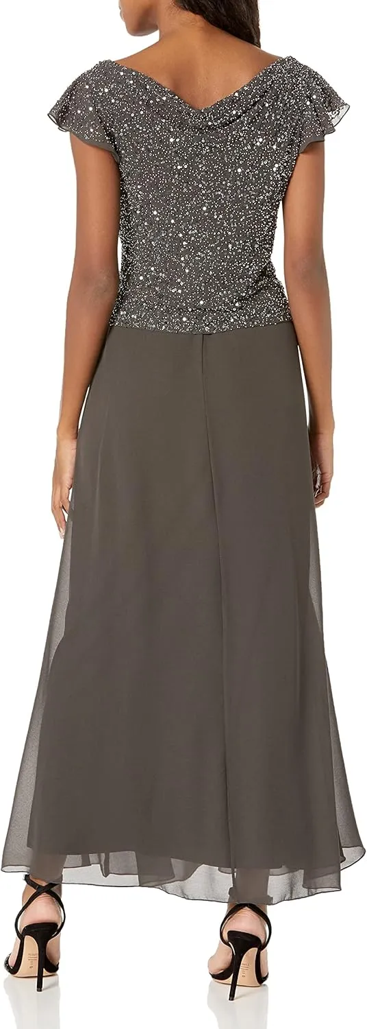 J Kara Women's Petite Beaded Cowl Neck Flutter Sleeve Long Gown