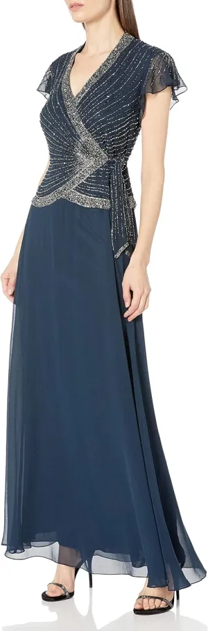 J Kara Women's Petite Faux Wrap Long Dress W/Flutter Sleeve