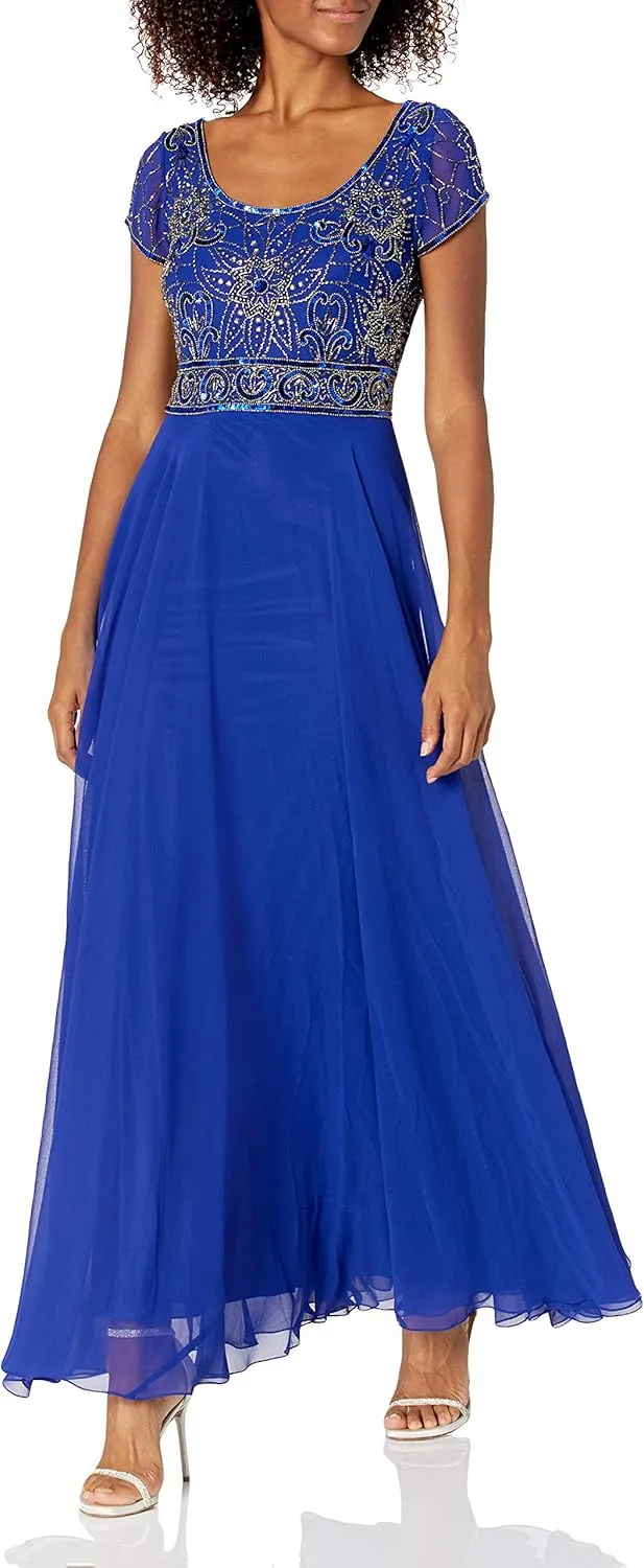 J Kara Women's Petite Long Empire Waist Dress, Royal/Royal/Mercury, 12P