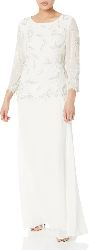 J Kara Women's Petite Scoop Neck Line with 3/4 Sleeve Beaded Top Long Dress