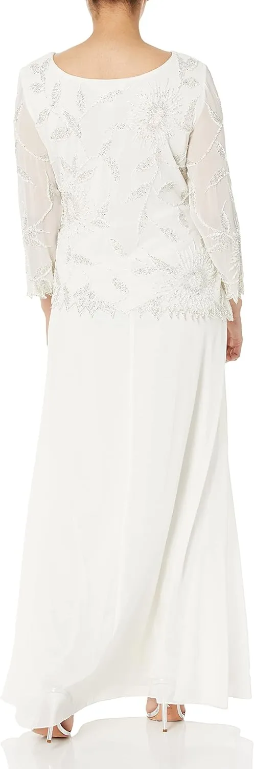 J Kara Women's Petite Scoop Neck Line with 3/4 Sleeve Beaded Top Long Dress