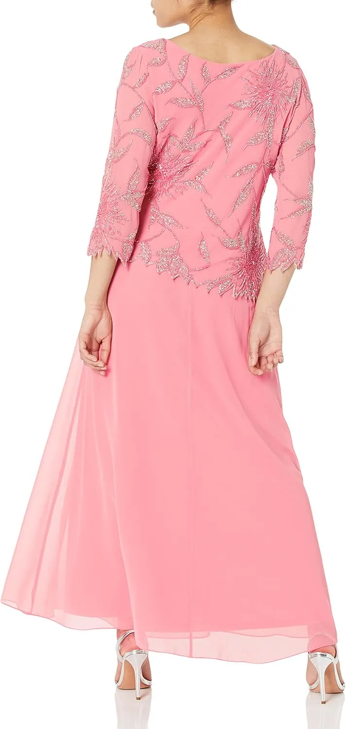 J Kara Women's Petite Scoop Neck Line with 3/4 Sleeve Beaded Top Long Dress