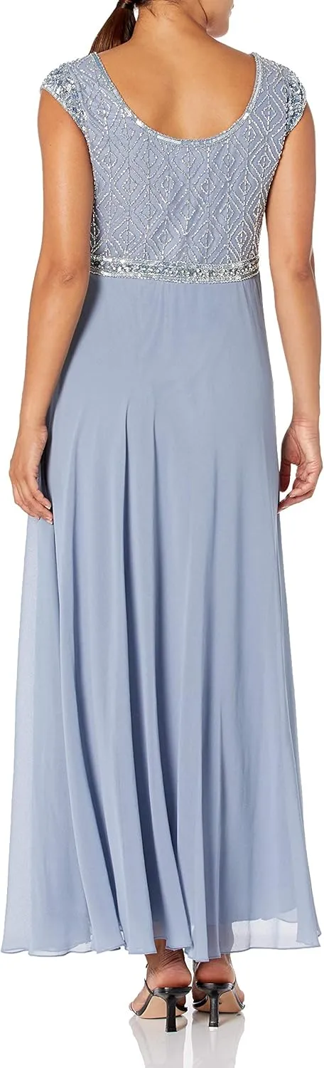 J Kara Women's Petite Short Sleeve Beaded Top Long Dress