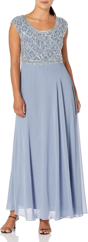 J Kara Women's Petite Short Sleeve Beaded Top Long Dress