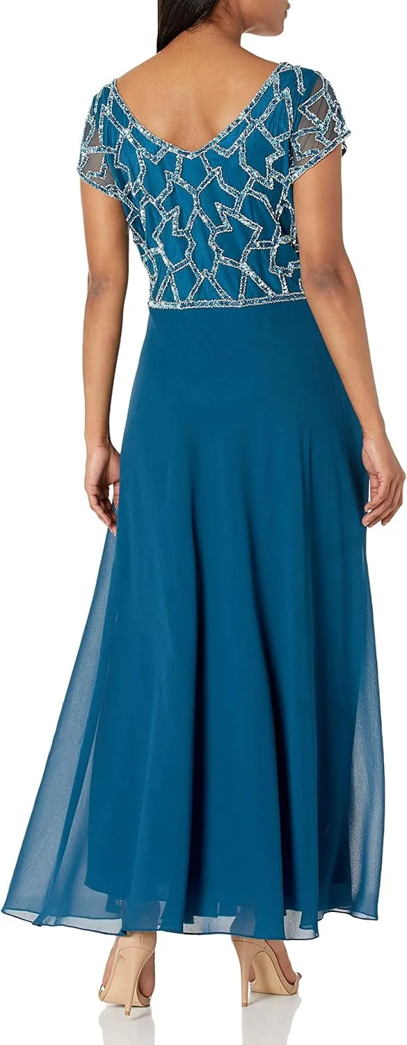 J Kara Women's Petite Short Sleeve Geo Long Beaded Gown