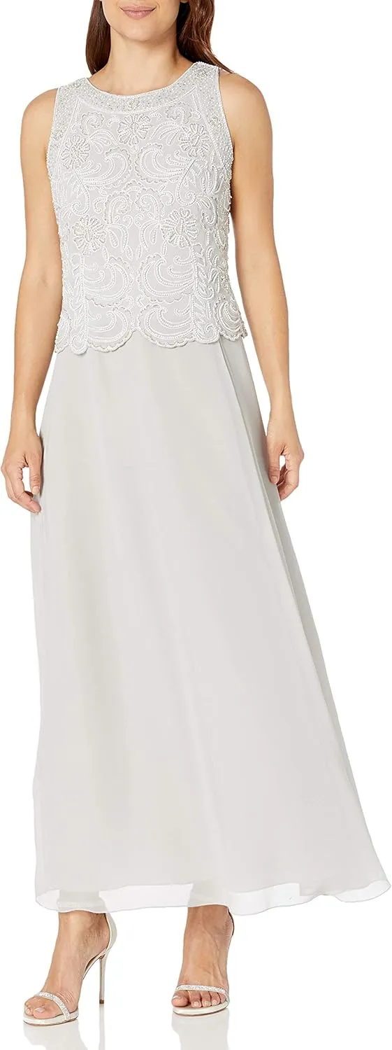 J Kara Women's Petite Sleeveless Scallop Long Beaded Dress W/Scarf