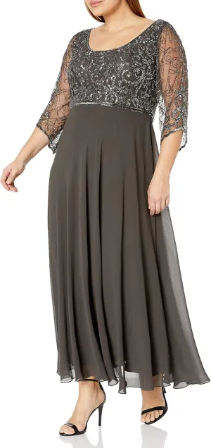 J Kara Women's Plus Size 3/4 Sleeve V-Neck Beaded Top Long Gown