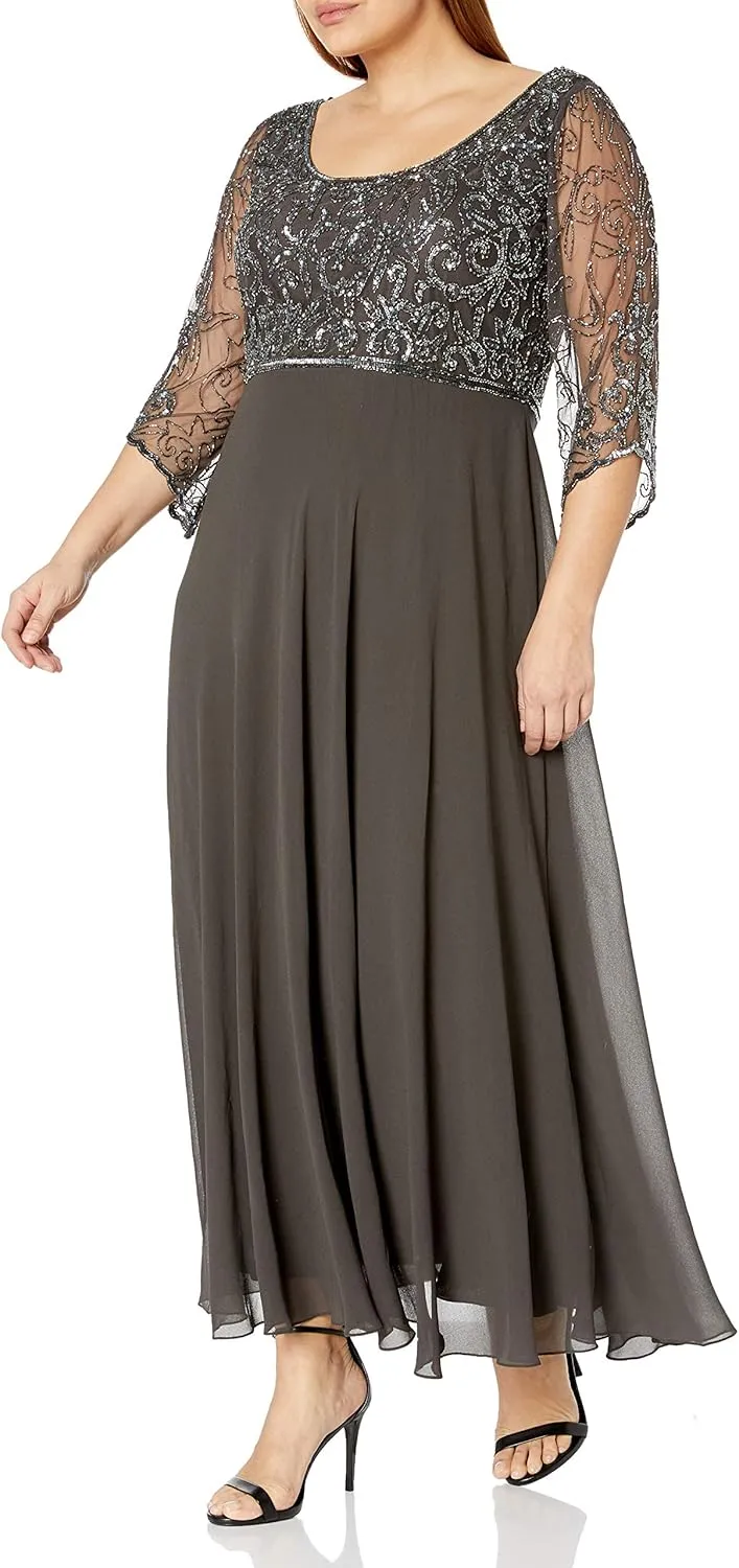 J Kara Women's Plus Size 3/4 Sleeve V-Neck Beaded Top Long Gown