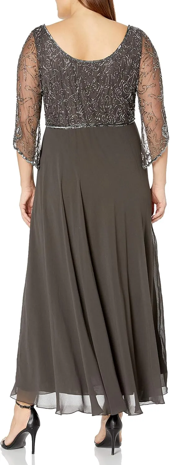J Kara Women's Plus Size 3/4 Sleeve V-Neck Beaded Top Long Gown