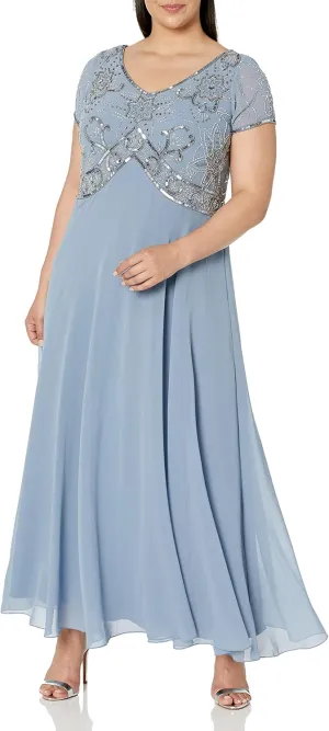 J Kara Women's Plus Size Cap Sleeve V-Neck Beaded Top Gown