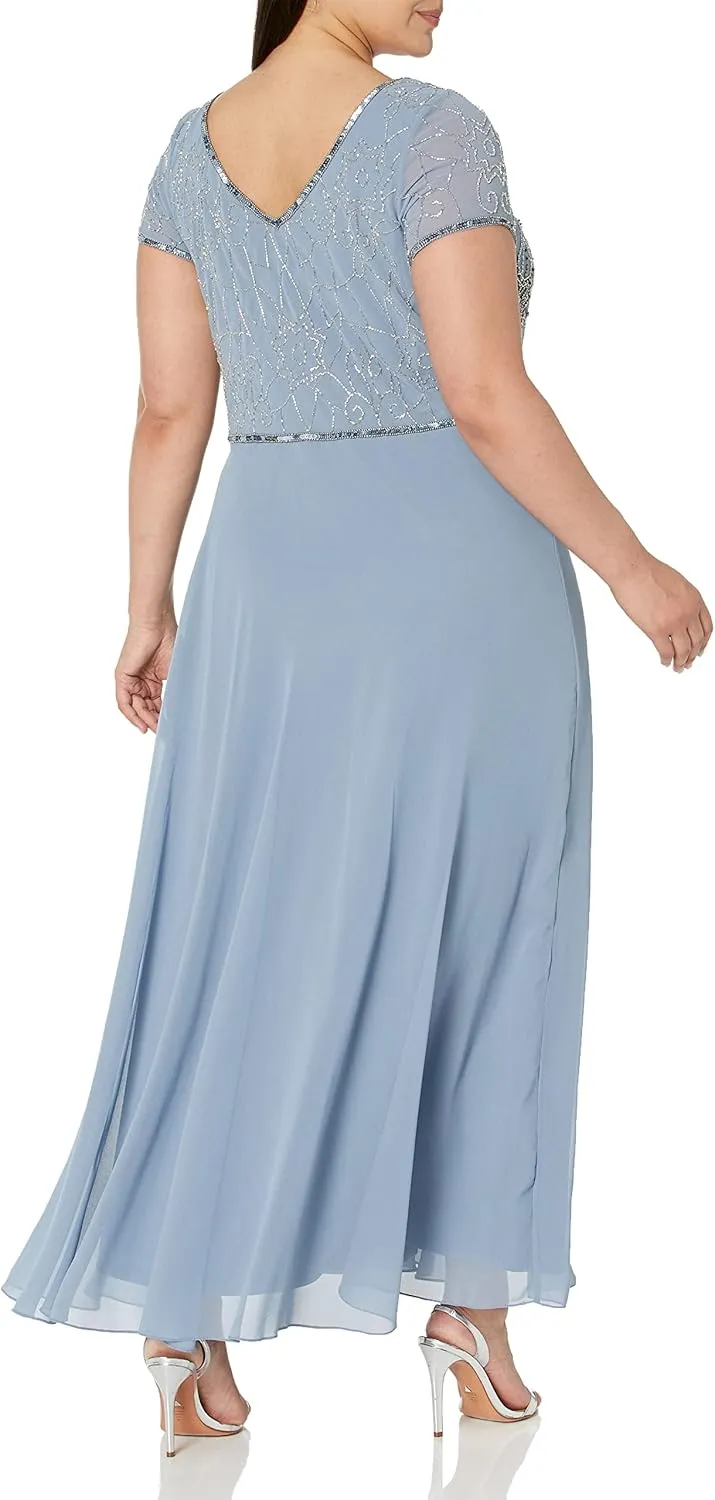 J Kara Women's Plus Size Cap Sleeve V-Neck Beaded Top Gown