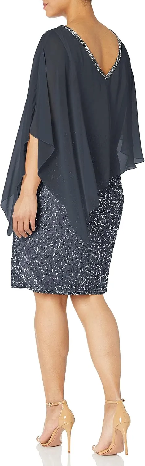 J Kara Women's Plus Size Caplet Short Cocktail Beaded Dress