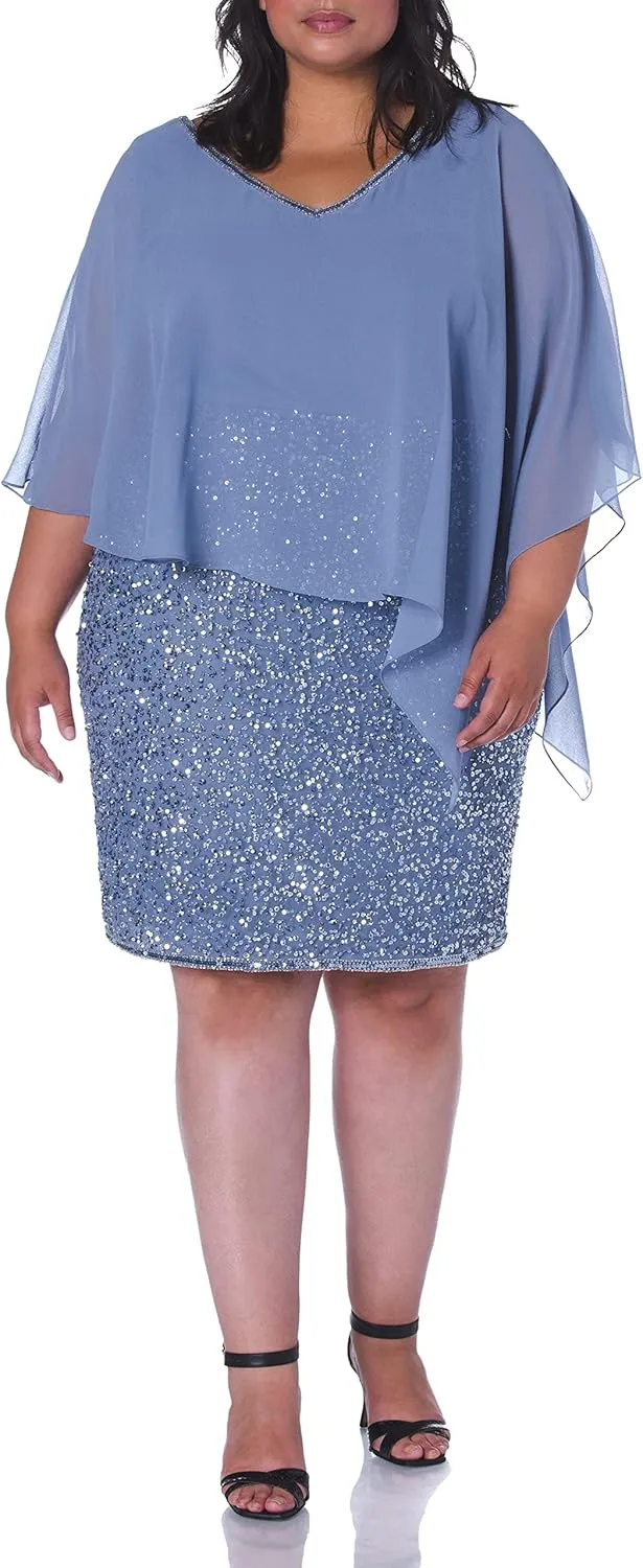 J Kara Women's Plus Size Caplet V-Neck Short Cocktail Beaded Dress