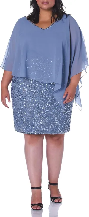 J Kara Women's Plus Size Caplet V-Neck Short Cocktail Beaded Dress