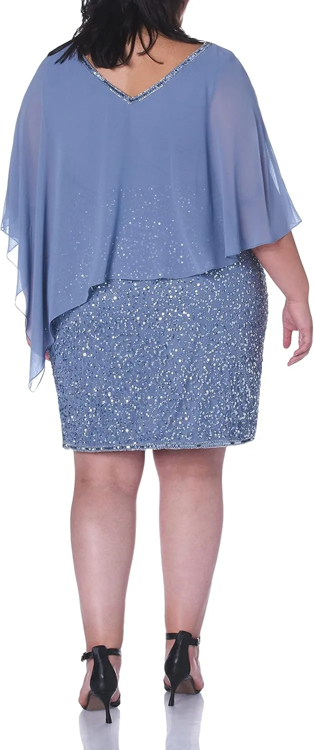J Kara Women's Plus Size Caplet V-Neck Short Cocktail Beaded Dress