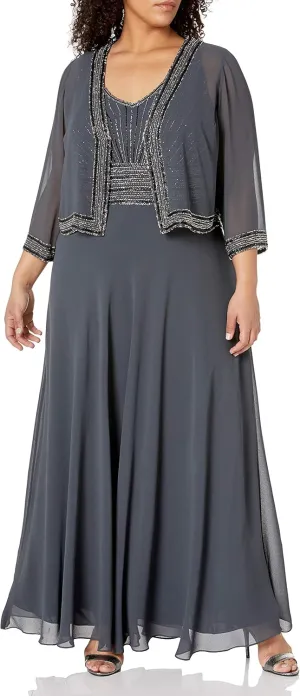 J Kara Women's Plus Size Jacket Dress with Beaded Trim