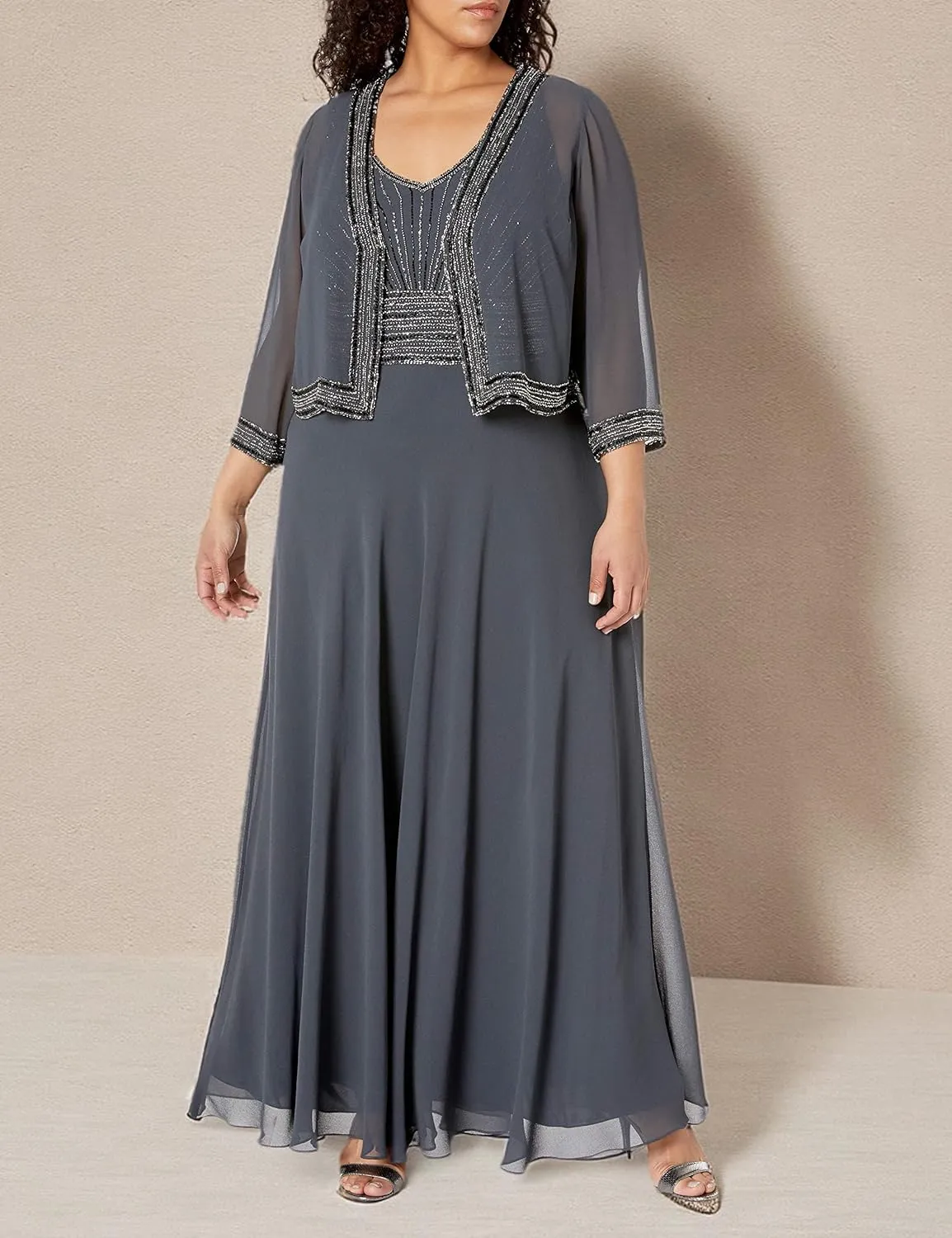 J Kara Women's Plus Size Jacket Dress with Beaded Trim