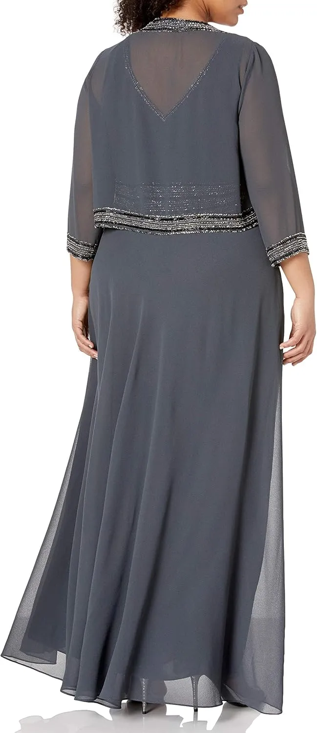 J Kara Women's Plus Size Jacket Dress with Beaded Trim