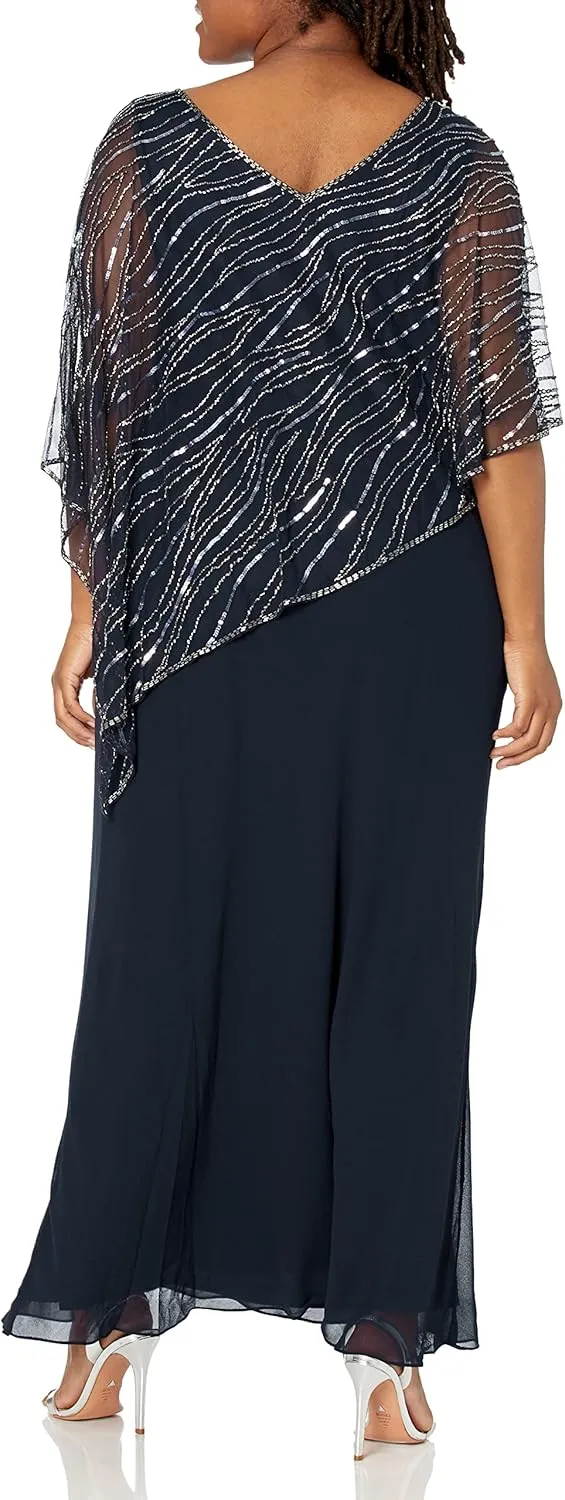 J Kara Women's Plus Size Pop Over Long Beaded Dress