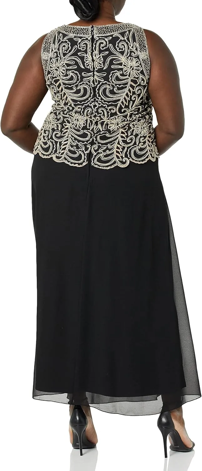 J Kara Women's Plus Size Sleeveless Scallop Long Beaded Dress with Scarf
