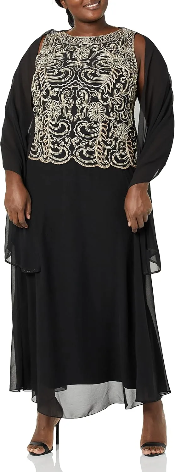 J Kara Women's Plus Size Sleeveless Scallop Long Beaded Dress with Scarf