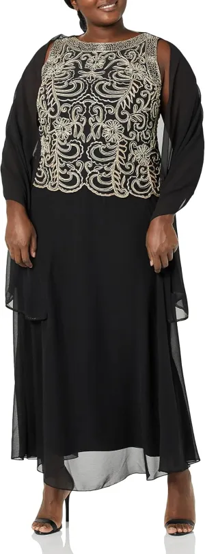 J Kara Women's Plus Size Sleeveless Scallop Long Beaded Dress with Scarf